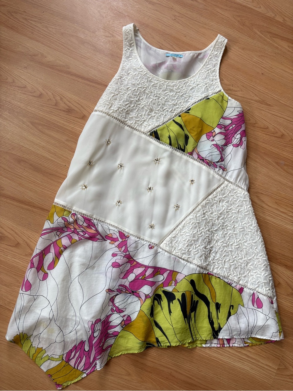 Anthropologie Leifnotes White Sleeveless Dress 
Pink Lime Green silk blend 
Sz8